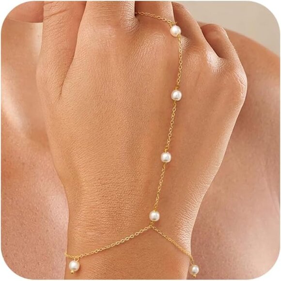 Women Hand Chain Bracelet Dainty Pearl Sterling Silver Gold Plated Adjustable - Picture 1 of 7